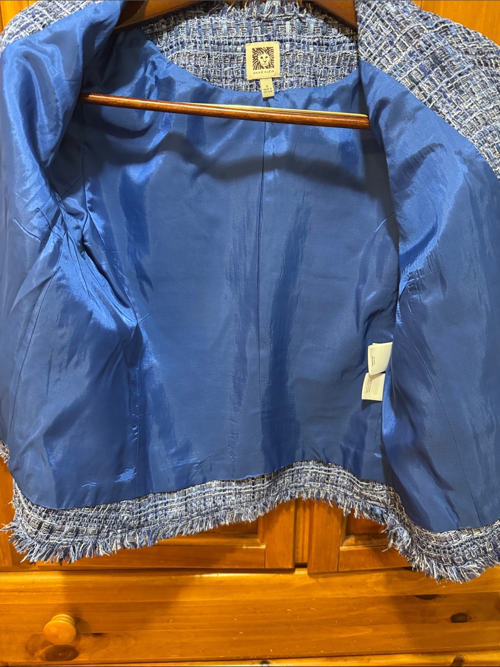 Anne Klein Blue Tweed Fringe Blazer - Picture 4 of 8